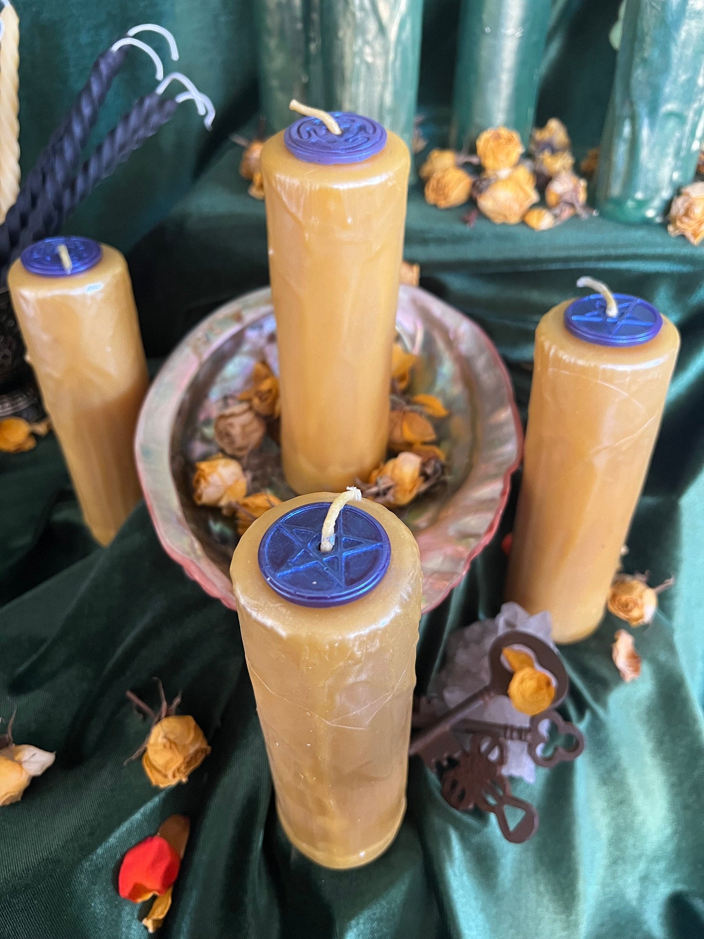 Hecate's Wheel and Pentacle Drip Pillars in Gold Beeswax