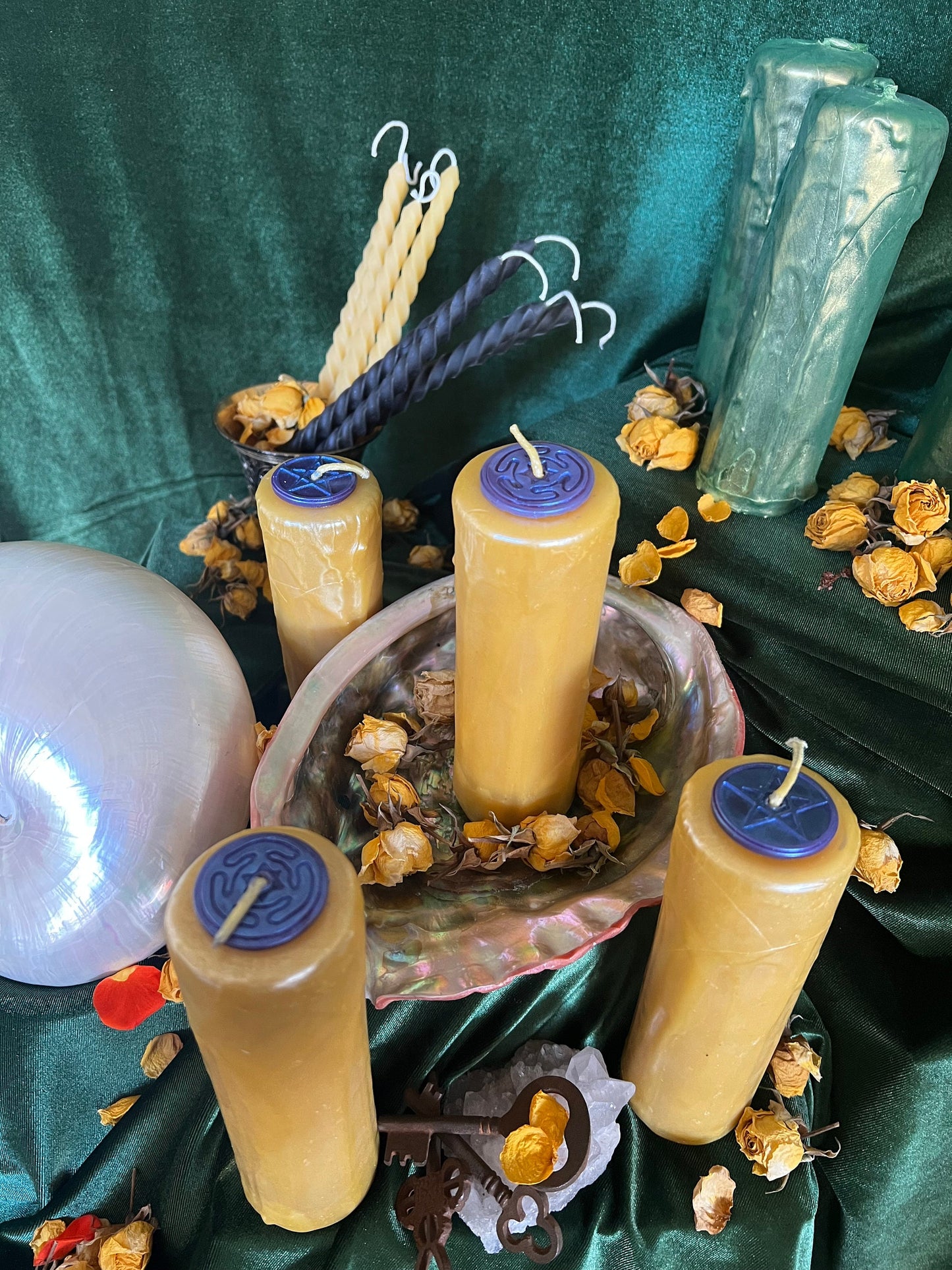 Hecate's Wheel and Pentacle Drip Pillars in Gold Beeswax