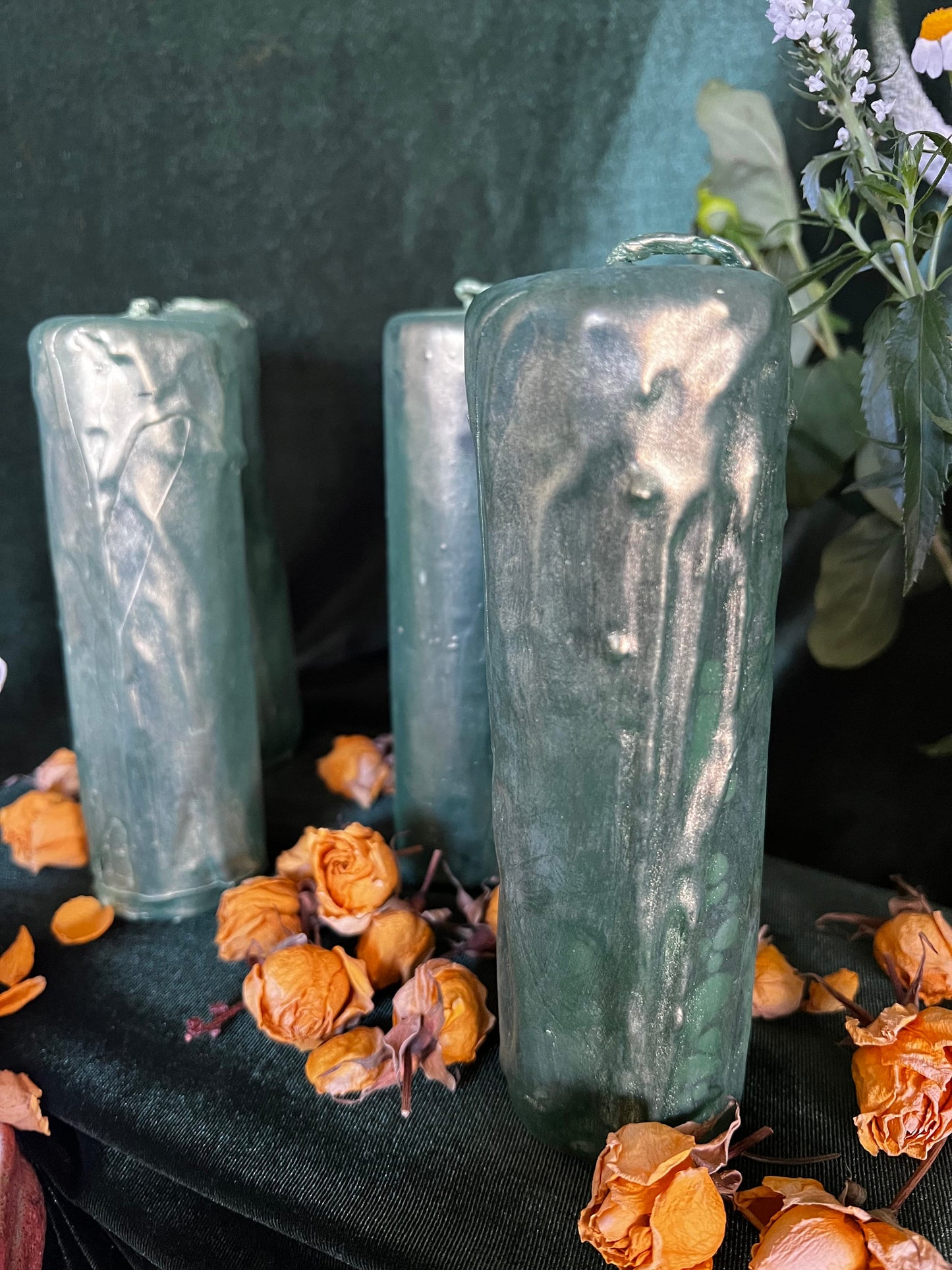 Money Spell Dripped Pillar Candle In Green Beeswax