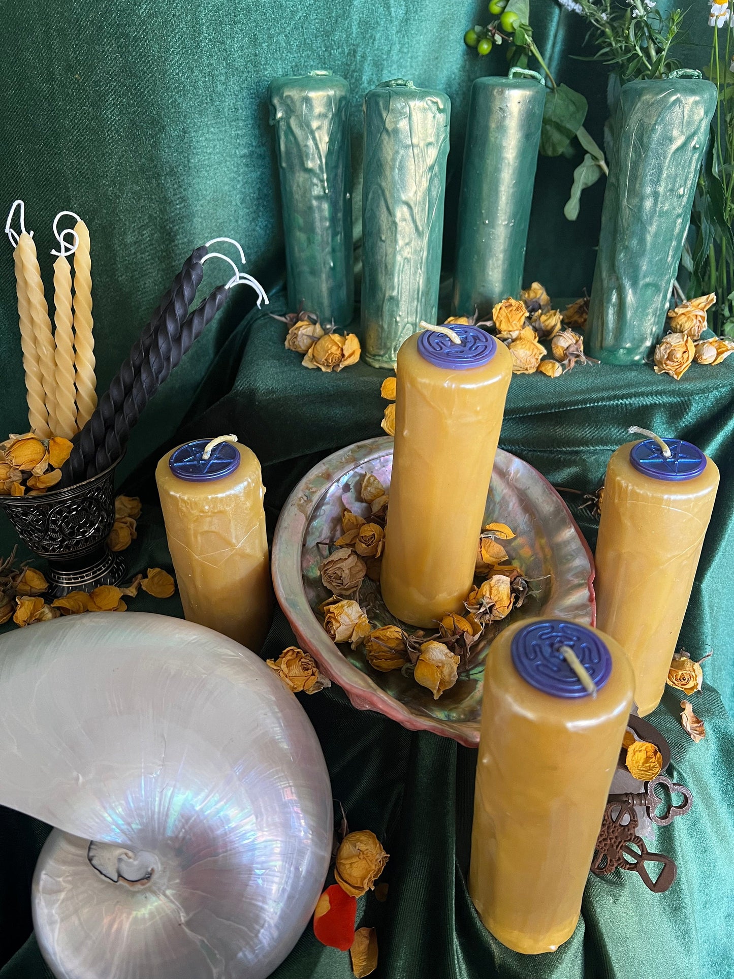 Money Spell Dripped Pillar Candle In Green Beeswax