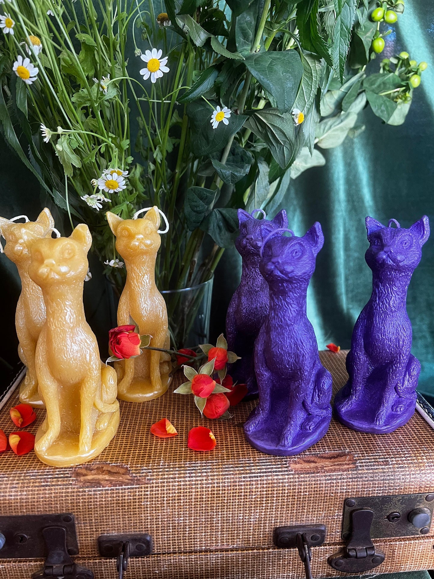 Cat Candle in Black Gold Green or Purple Beeswax