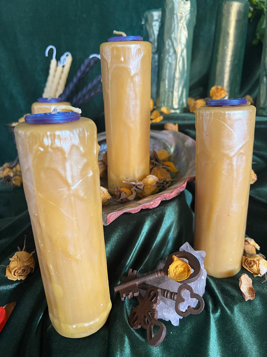 Hecate's Wheel and Pentacle Drip Pillars in Gold Beeswax