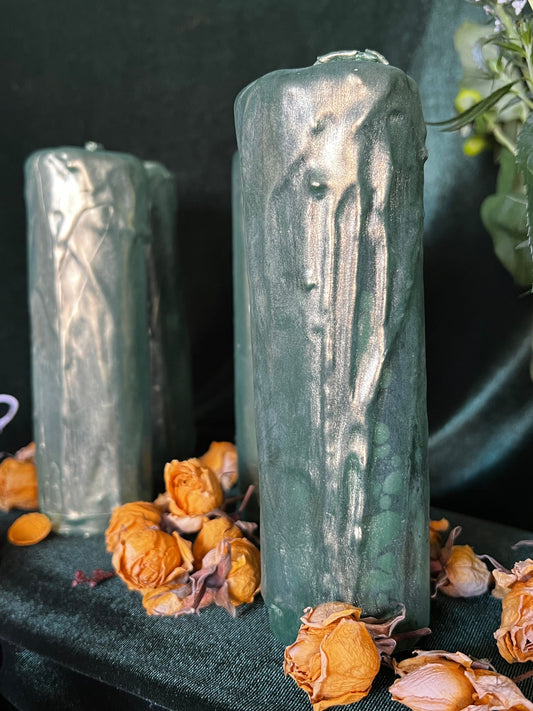 Money Spell Dripped Pillar Candle In Green Beeswax