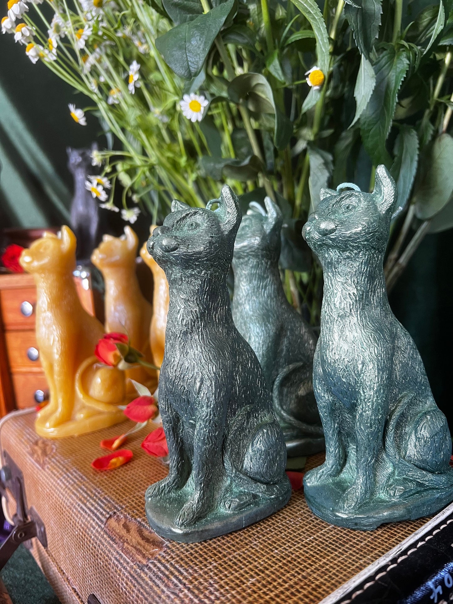 Cat Candle in Black Gold Green or Purple Beeswax